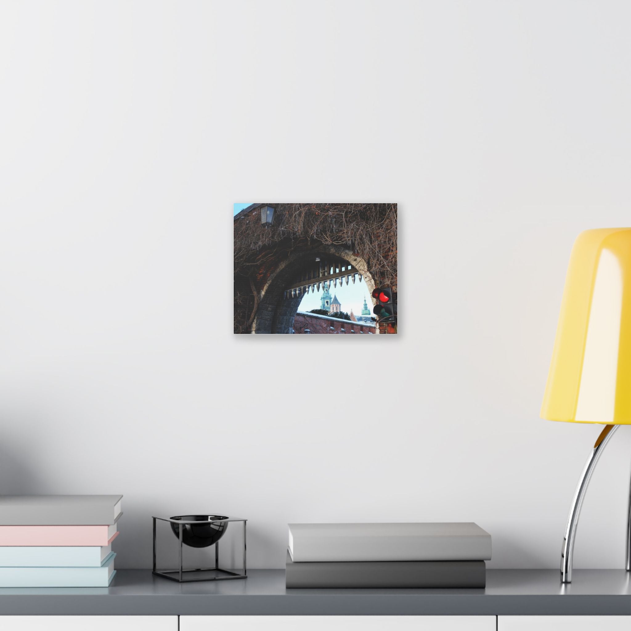 Historic City Arch Canvas Print — European Winter Street Scene Wall Art