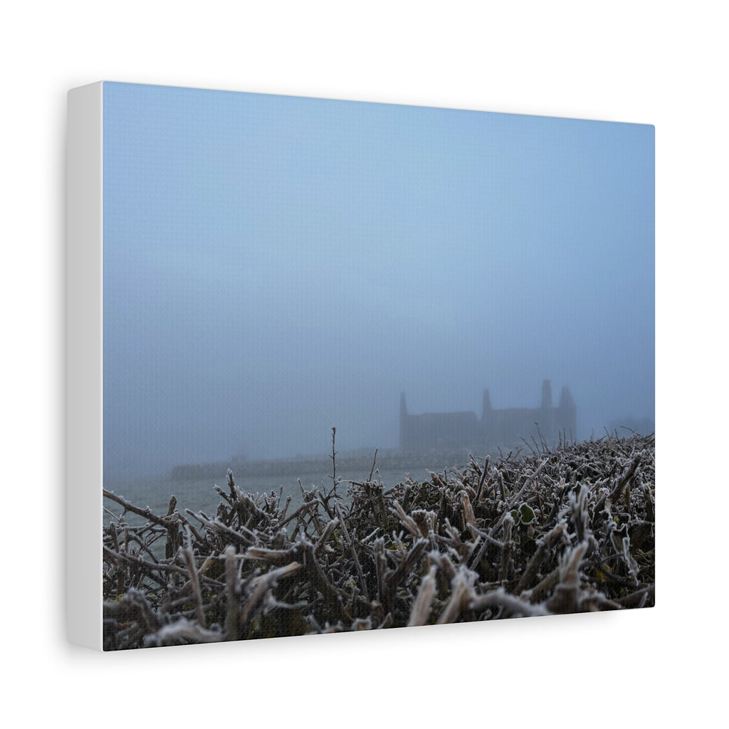 Frosty Morning Ruins Canvas Print — Misty Landscape Matte Stretched Wall Art