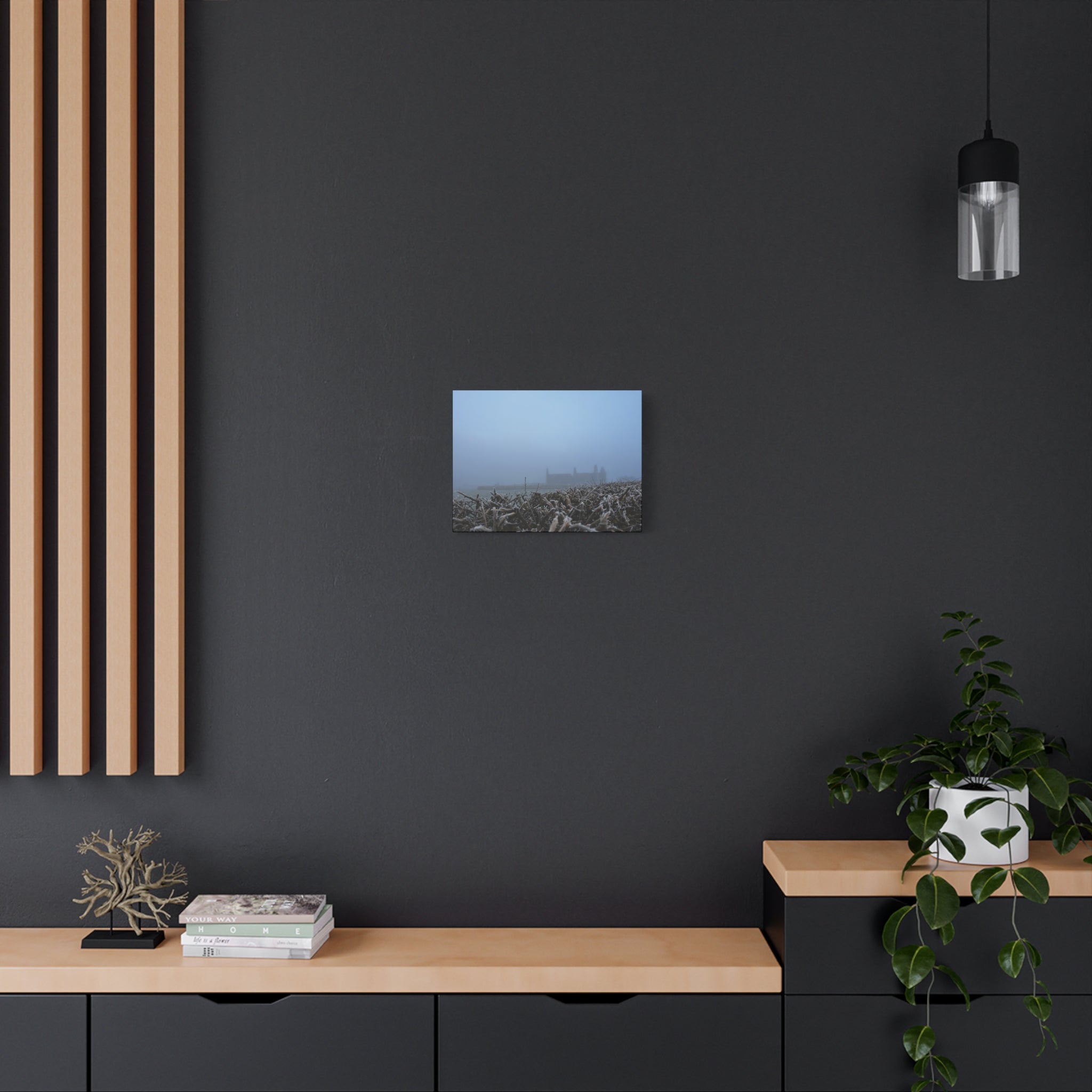 Frosty Morning Ruins Canvas Print — Misty Landscape Matte Stretched Wall Art