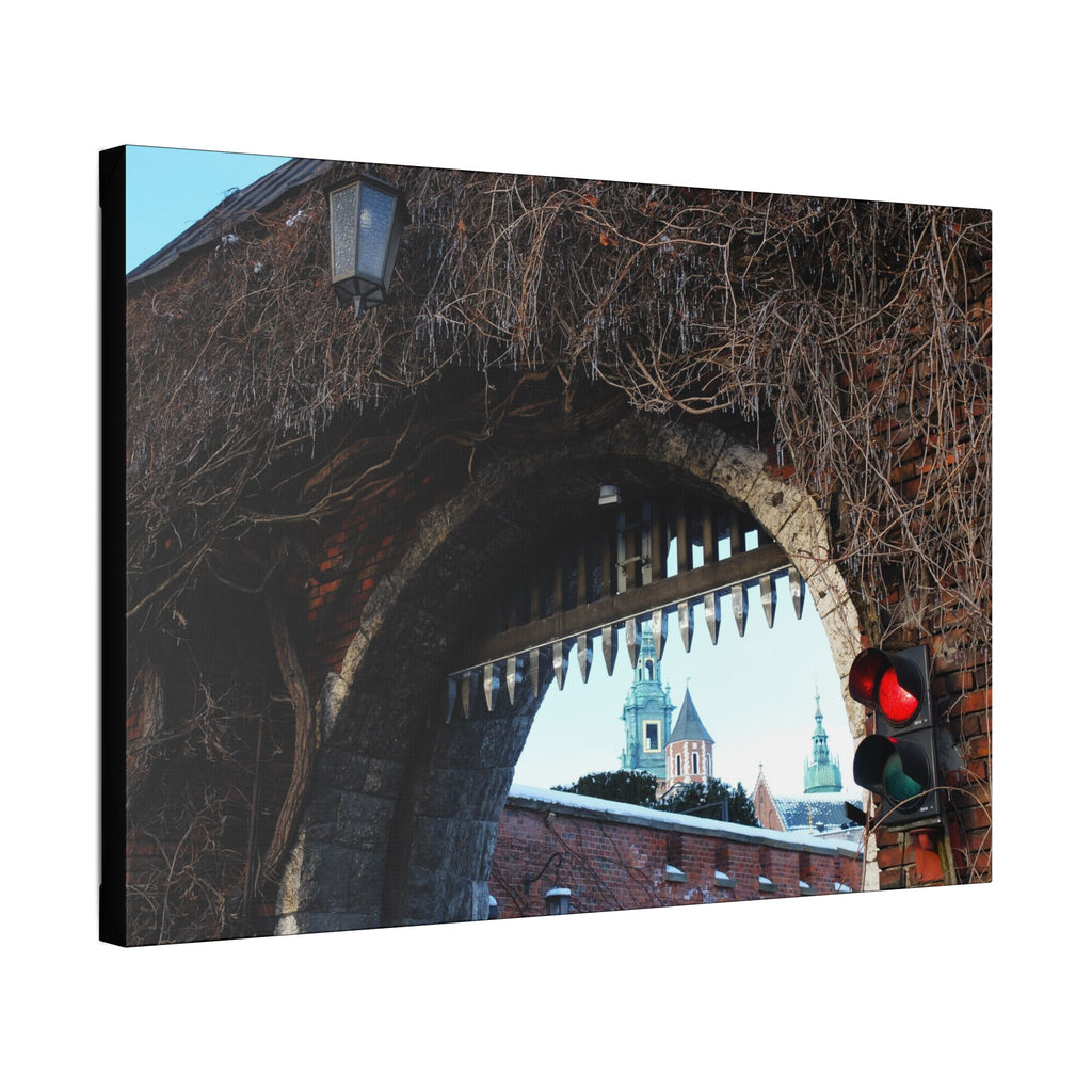 Historic City Arch Canvas Print — European Winter Street Scene Wall Art