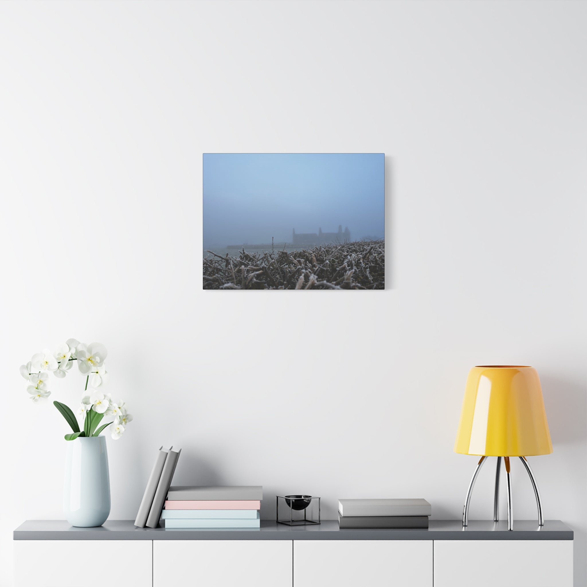 Frosty Morning Ruins Canvas Print — Misty Landscape Matte Stretched Wall Art