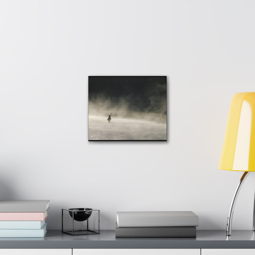 Misty Solitude Canvas Print — Lone Fisherman Foggy Lake Wall Art