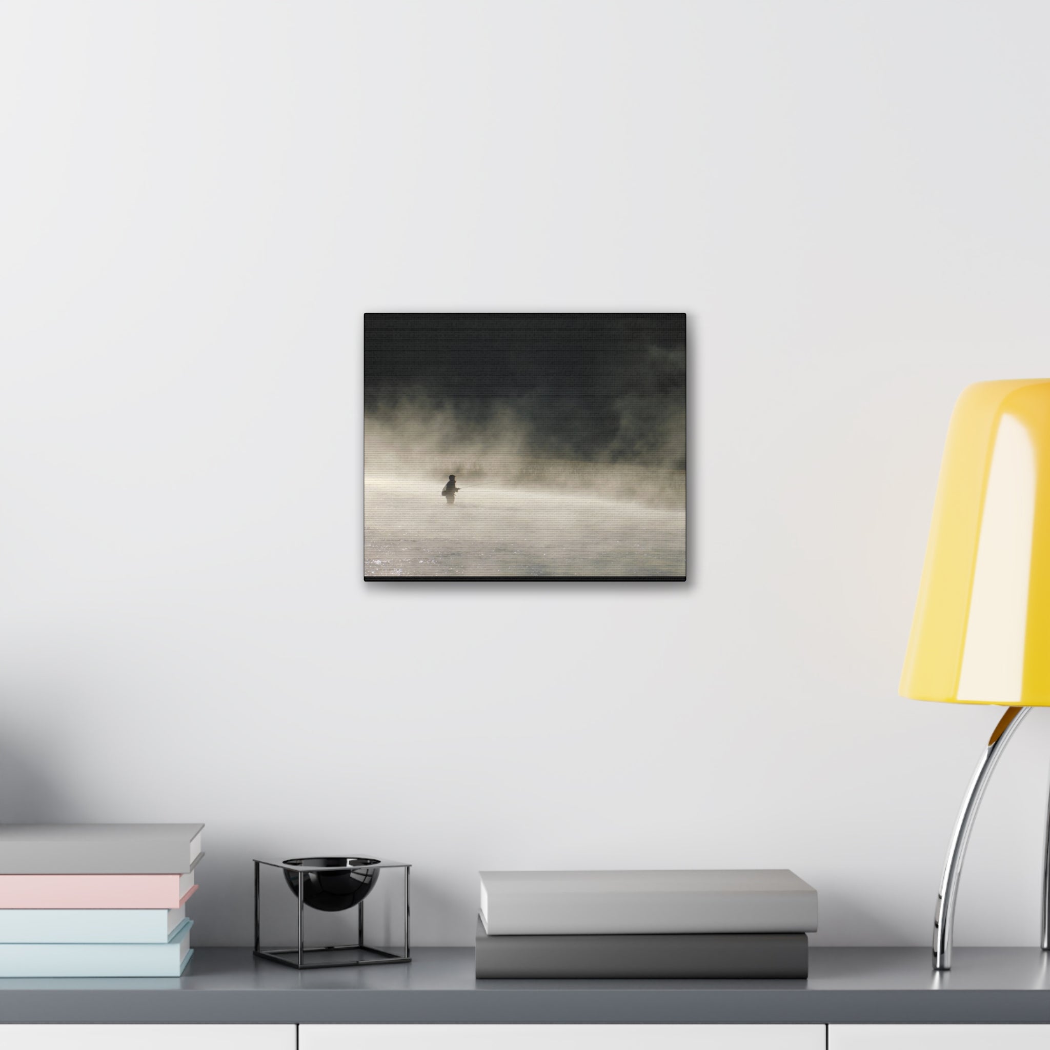 Misty Solitude Canvas Print — Lone Fisherman Foggy Lake Wall Art