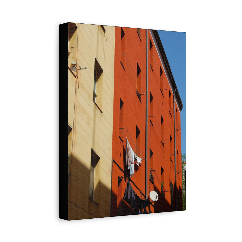 Spanish Facade Canvas Print — Colorful Apartment Building Wall Art on Matte Stretched Canvas