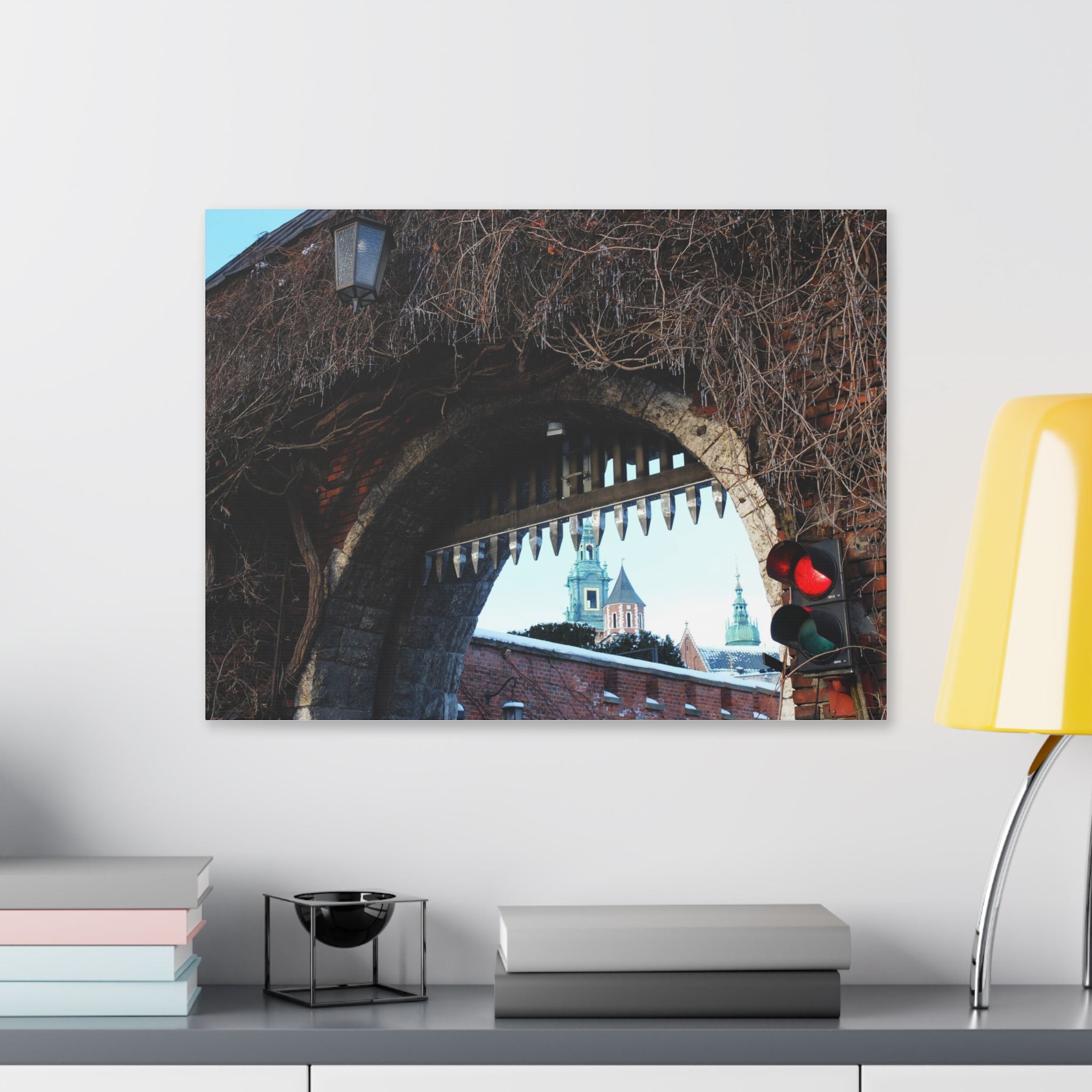Historic City Arch Canvas Print — European Winter Street Scene Wall Art