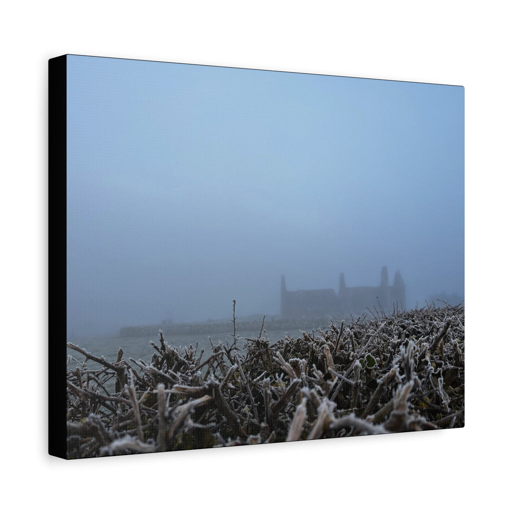 Frosty Morning Ruins Canvas Print — Misty Landscape Matte Stretched Wall Art