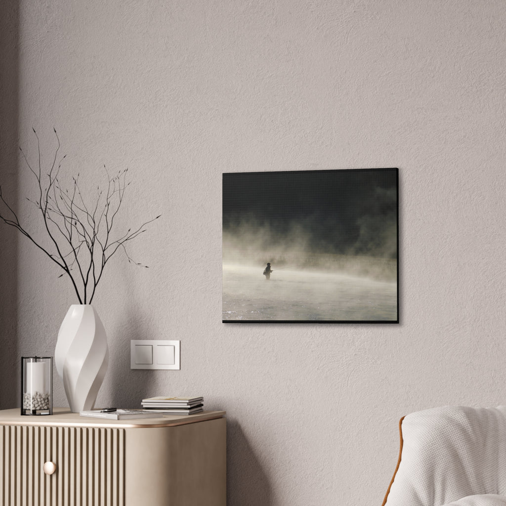 Misty Solitude Canvas Print — Lone Fisherman Foggy Lake Wall Art