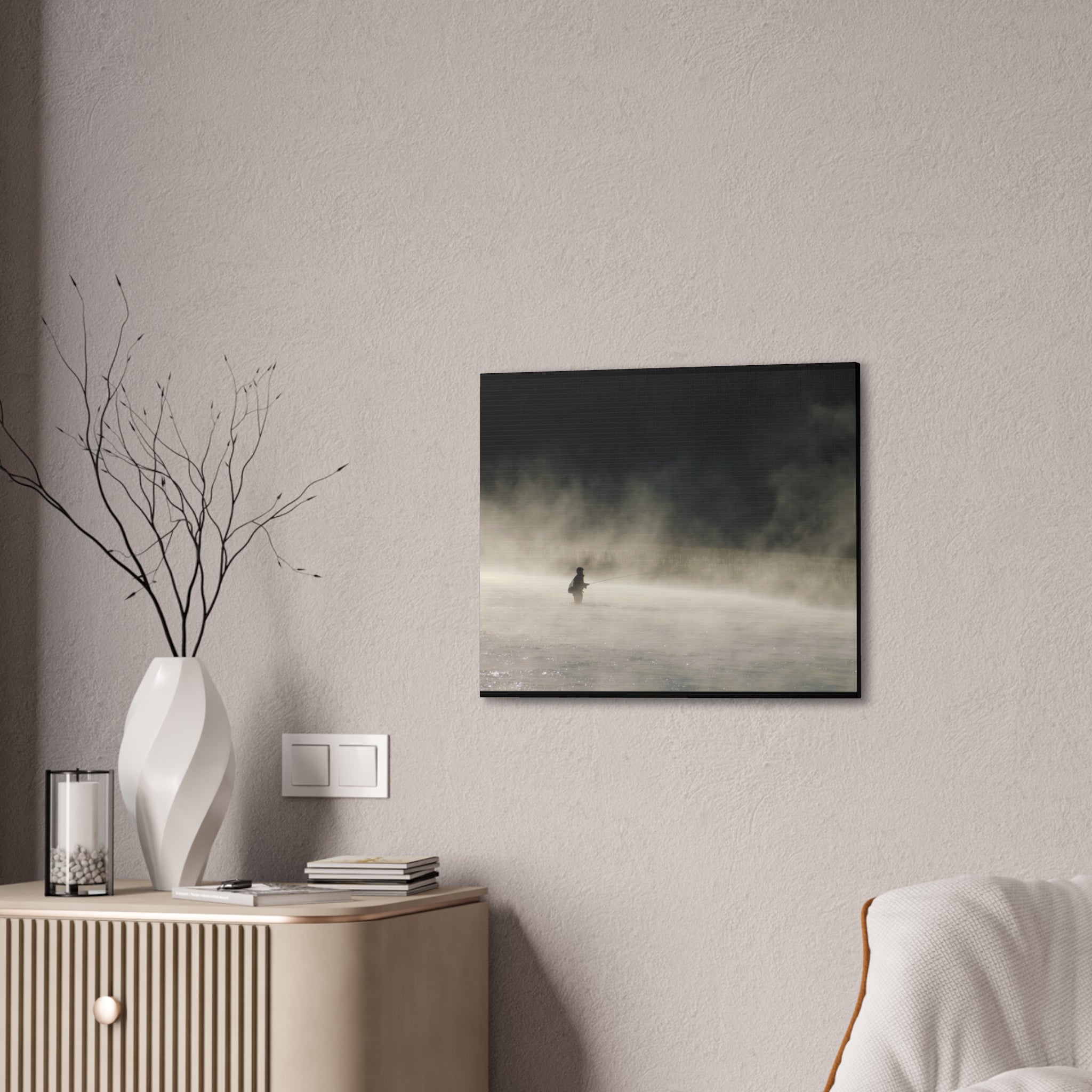 Misty Solitude Canvas Print — Lone Fisherman Foggy Lake Wall Art