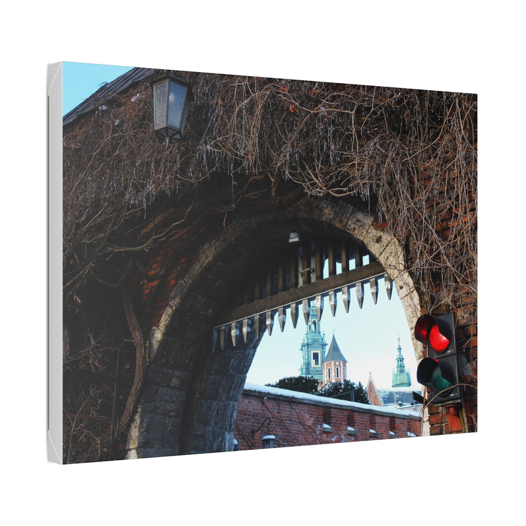 Historic City Arch Canvas Print — European Winter Street Scene Wall Art