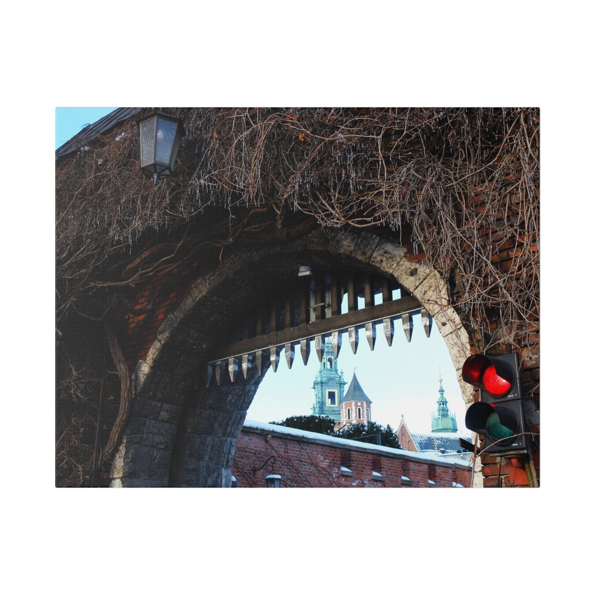 Historic City Arch Canvas Print — European Winter Street Scene Wall Art
