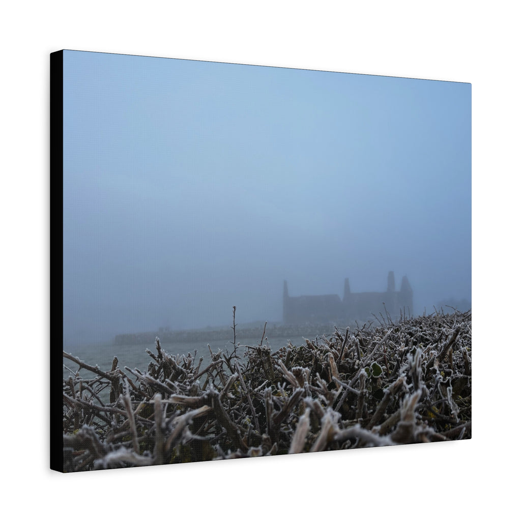 Frosty Morning Ruins Canvas Print — Misty Landscape Matte Stretched Wall Art