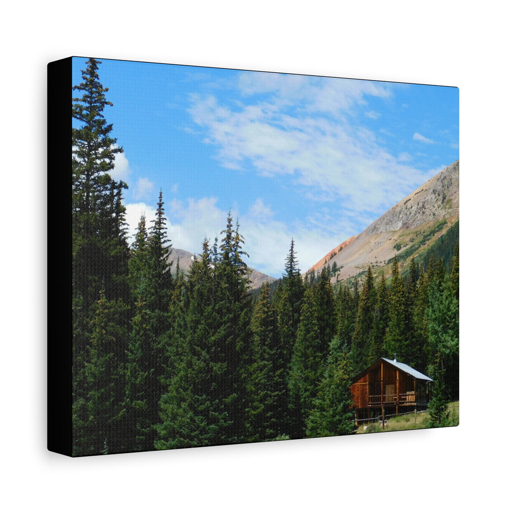 Mountain Cabin Canvas Wall Art — Rustic Forest Lodge Landscape Print