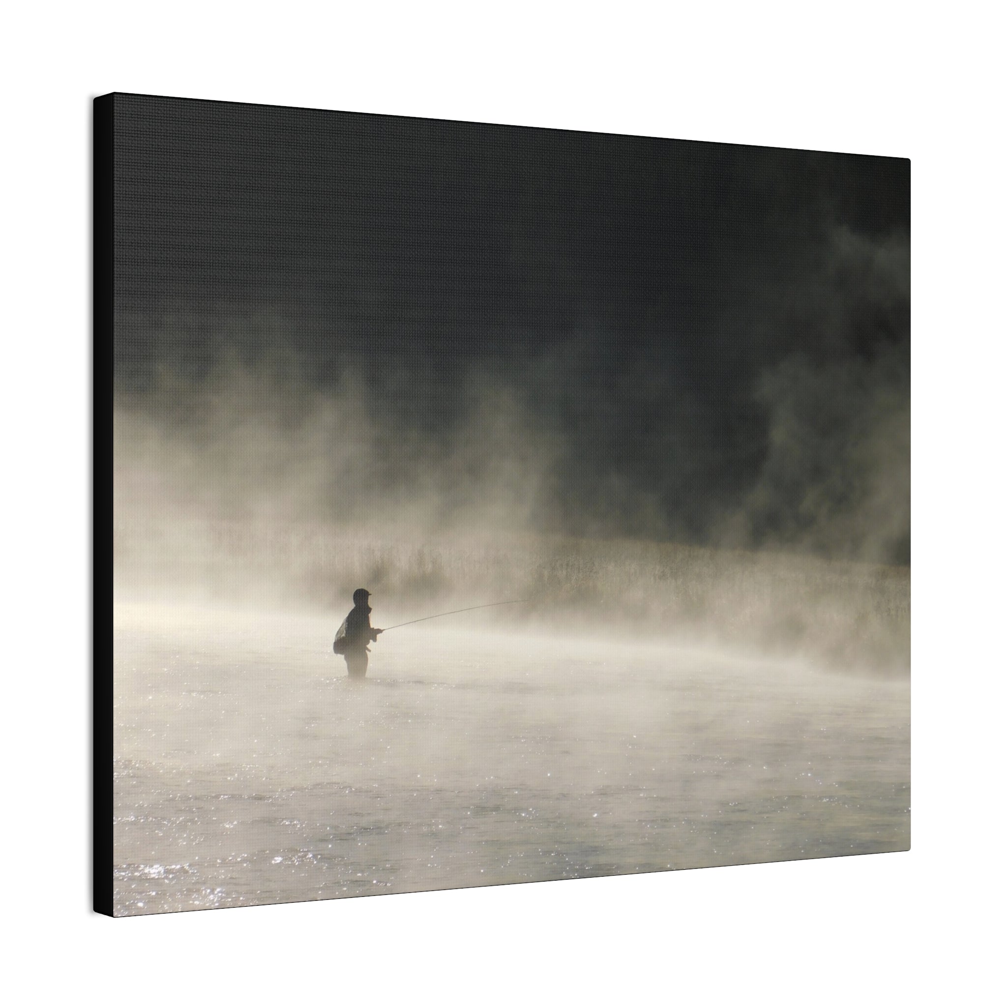 Misty Solitude Canvas Print — Lone Fisherman Foggy Lake Wall Art