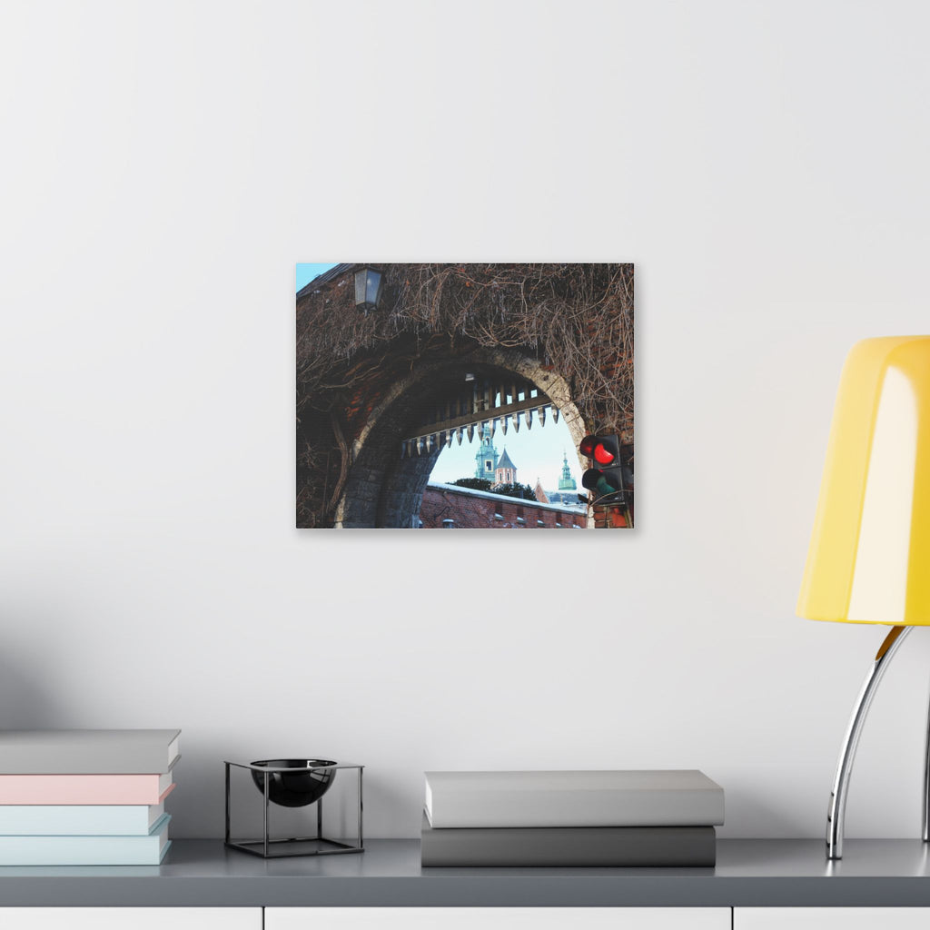 Historic City Arch Canvas Print — European Winter Street Scene Wall Art