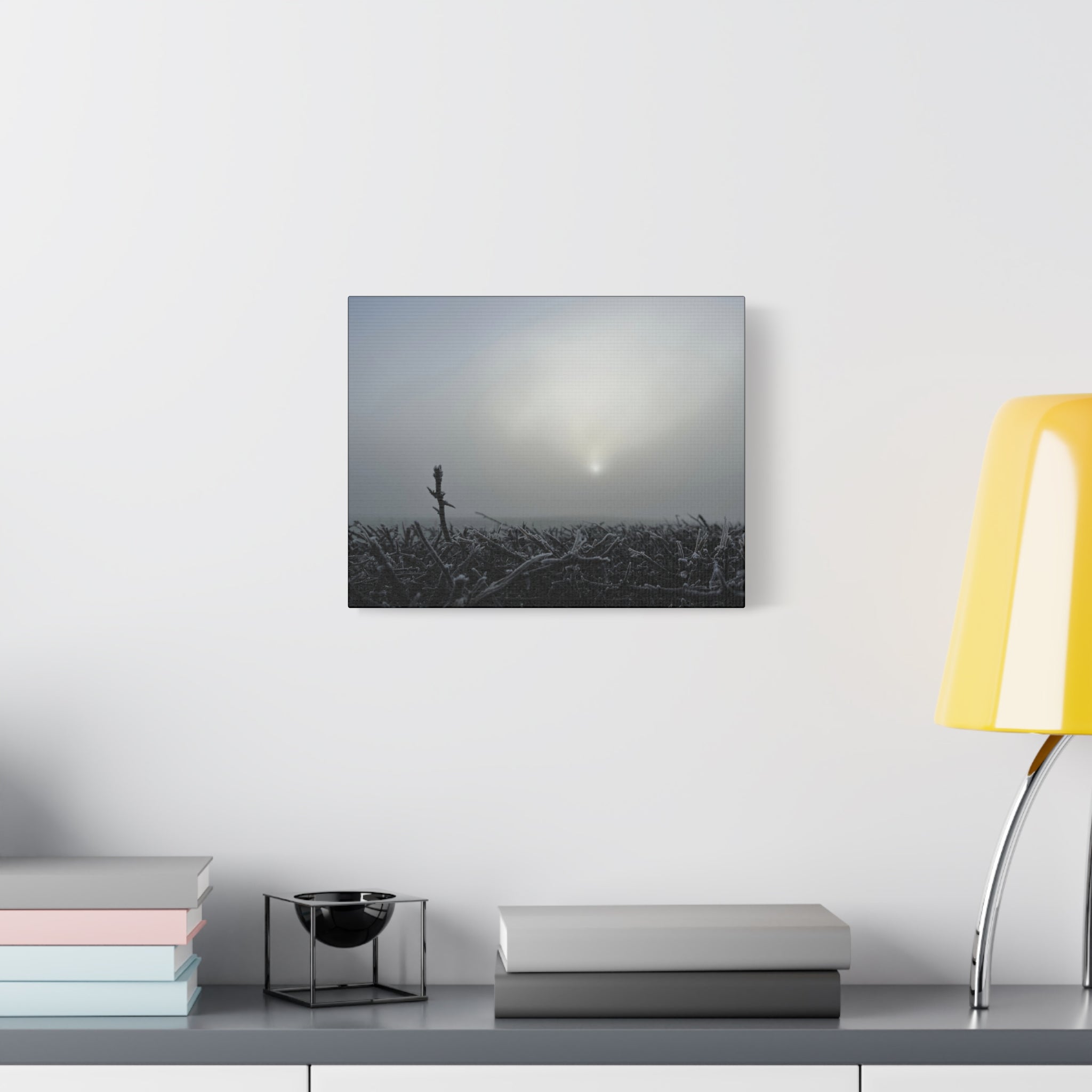 Foggy Sunrise Matte Canvas Wall Art – Moody Winter Landscape
