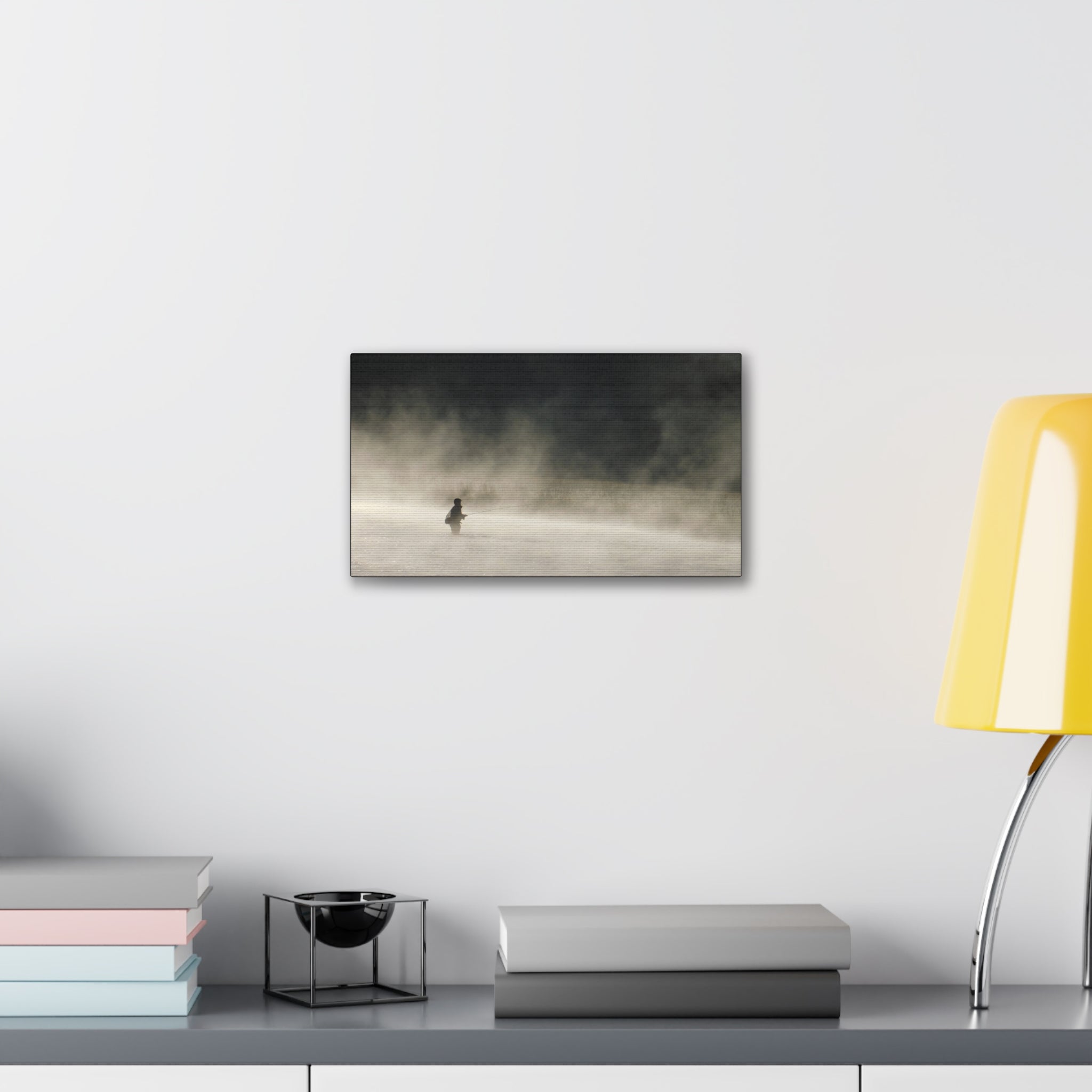 Misty Solitude Canvas Print — Lone Fisherman Foggy Lake Wall Art
