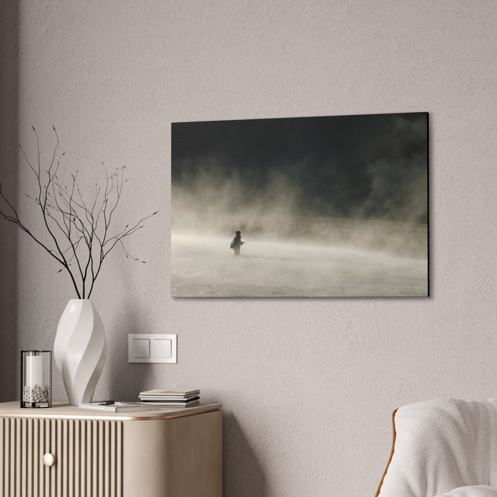 Misty Solitude Canvas Print — Lone Fisherman Foggy Lake Wall Art