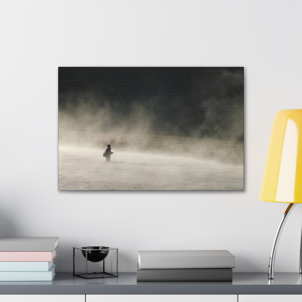 Misty Solitude Canvas Print — Lone Fisherman Foggy Lake Wall Art