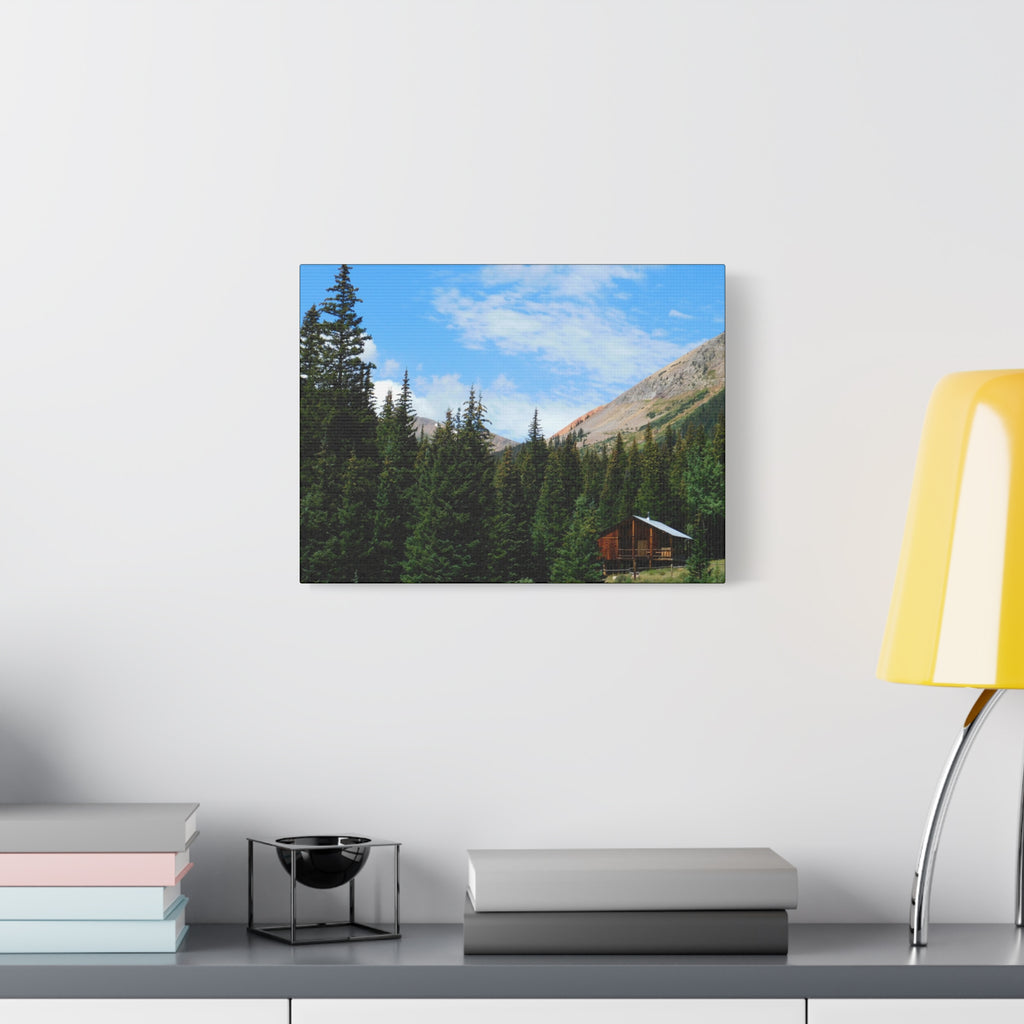 Mountain Cabin Canvas Wall Art — Rustic Forest Lodge Landscape Print