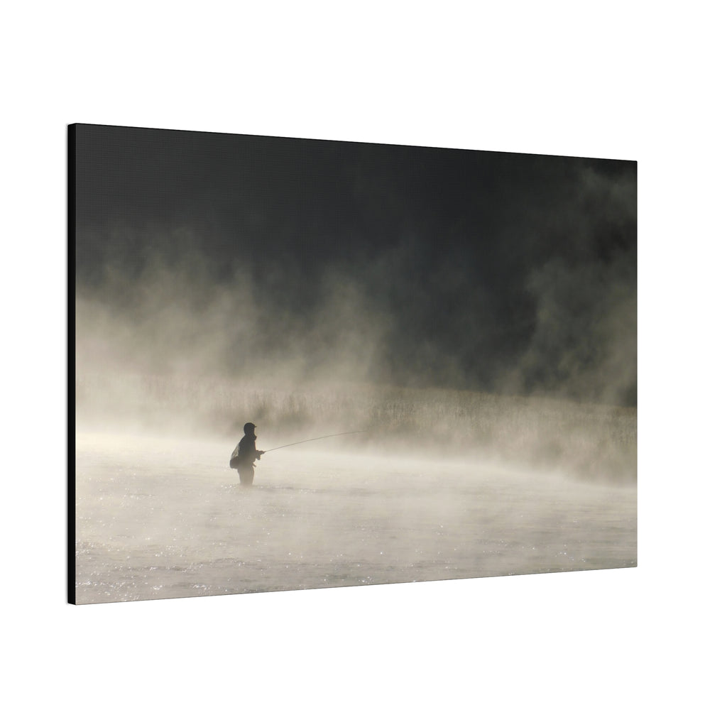 Misty Solitude Canvas Print — Lone Fisherman Foggy Lake Wall Art