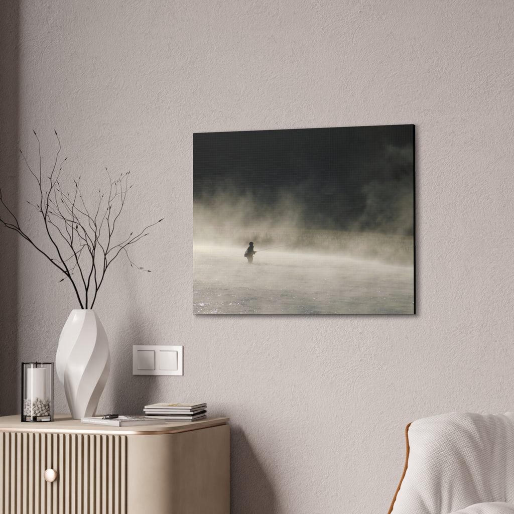 Misty Solitude Canvas Print — Lone Fisherman Foggy Lake Wall Art