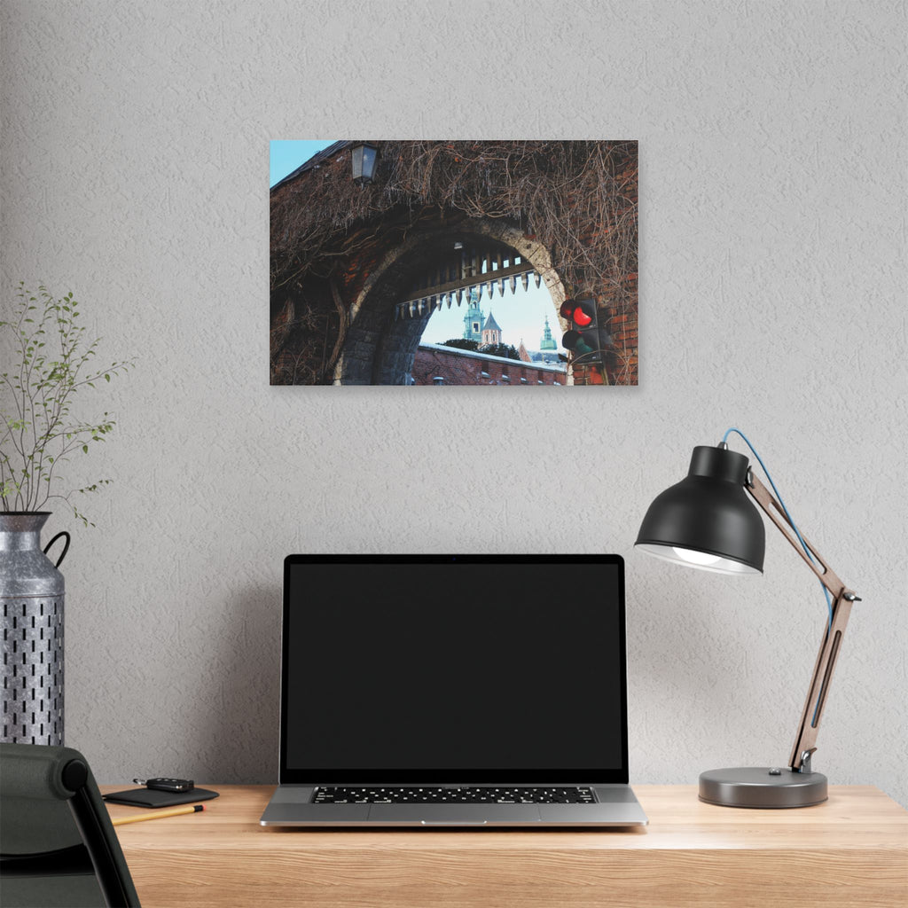 Historic City Arch Canvas Print — European Winter Street Scene Wall Art