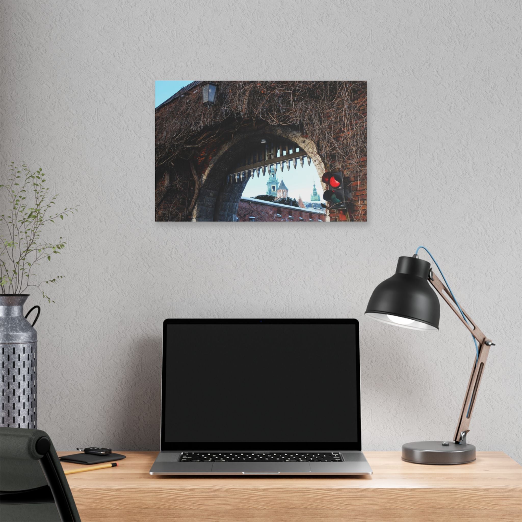 Historic City Arch Canvas Print — European Winter Street Scene Wall Art