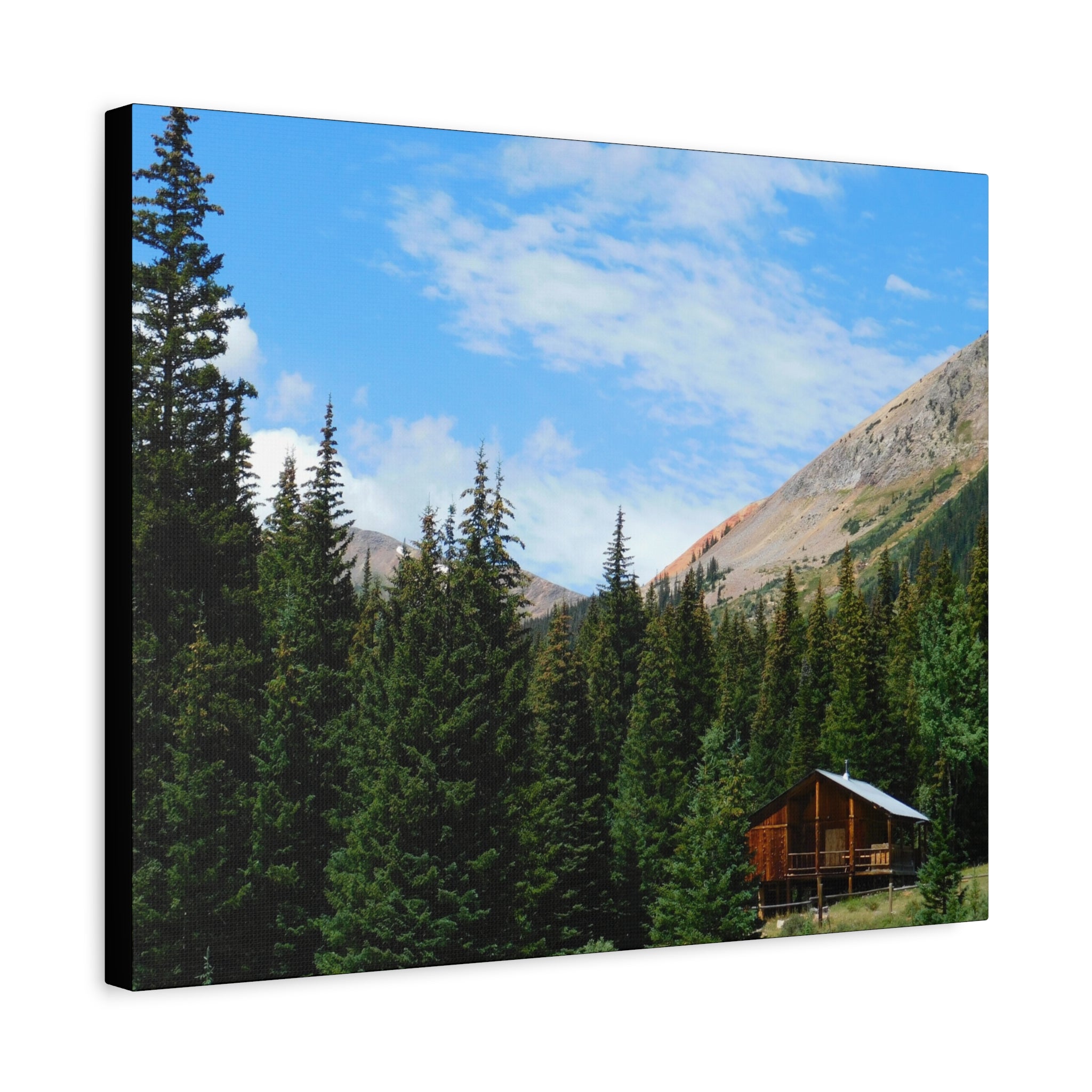 Mountain Cabin Canvas Wall Art — Rustic Forest Lodge Landscape Print
