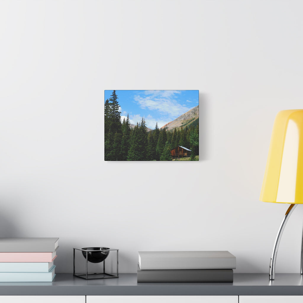 Mountain Cabin Canvas Wall Art — Rustic Forest Lodge Landscape Print