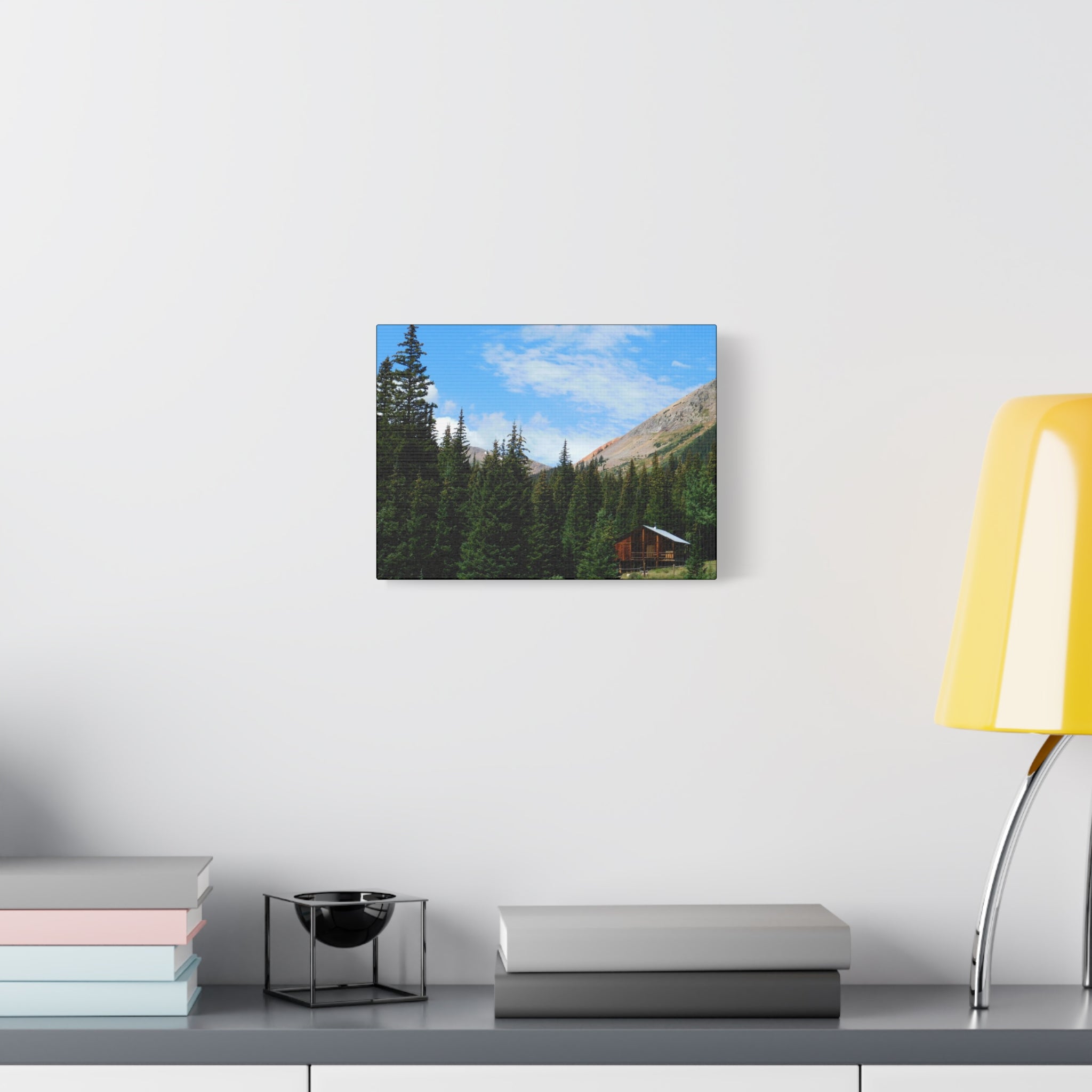 Mountain Cabin Canvas Wall Art — Rustic Forest Lodge Landscape Print