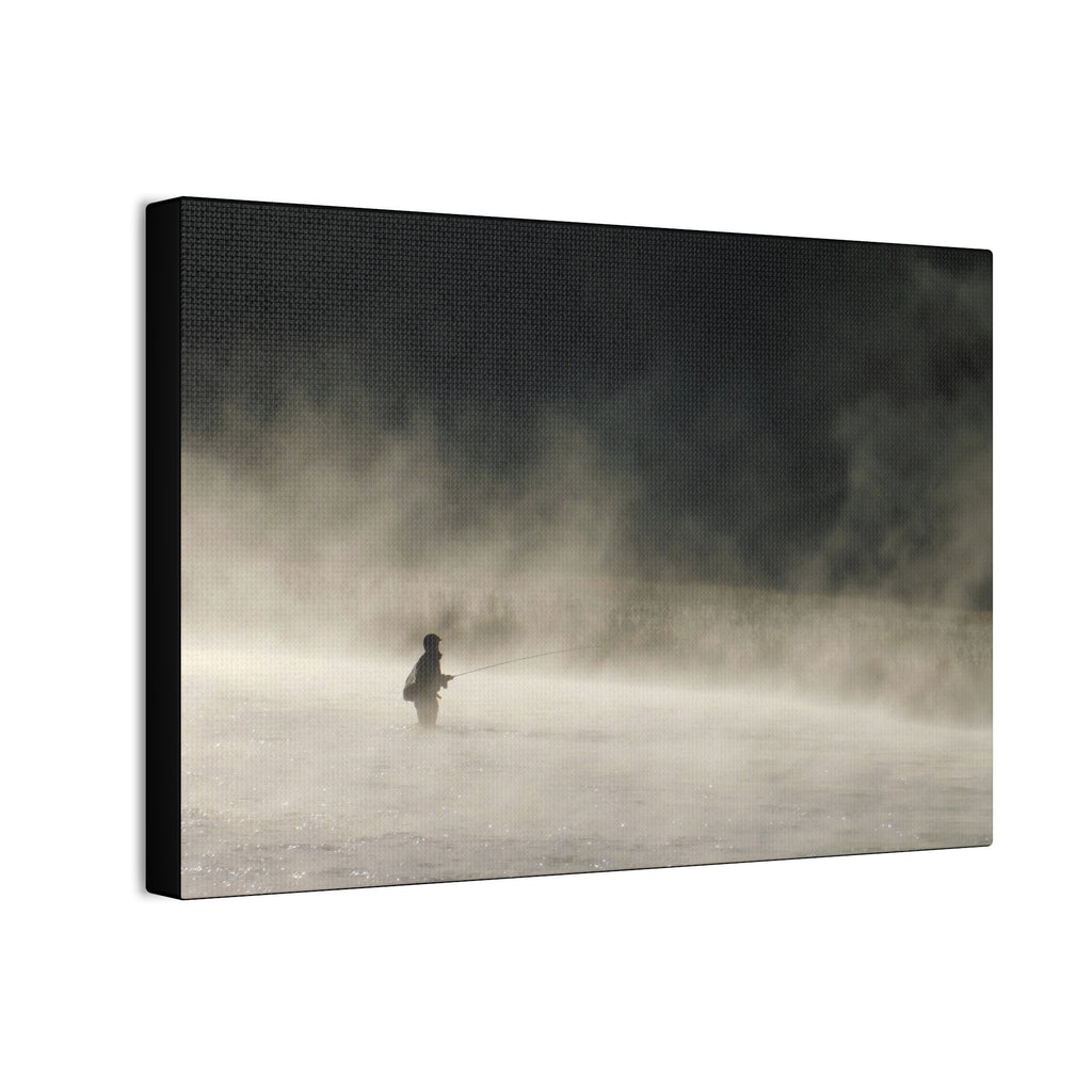 Misty Solitude Canvas Print — Lone Fisherman Foggy Lake Wall Art