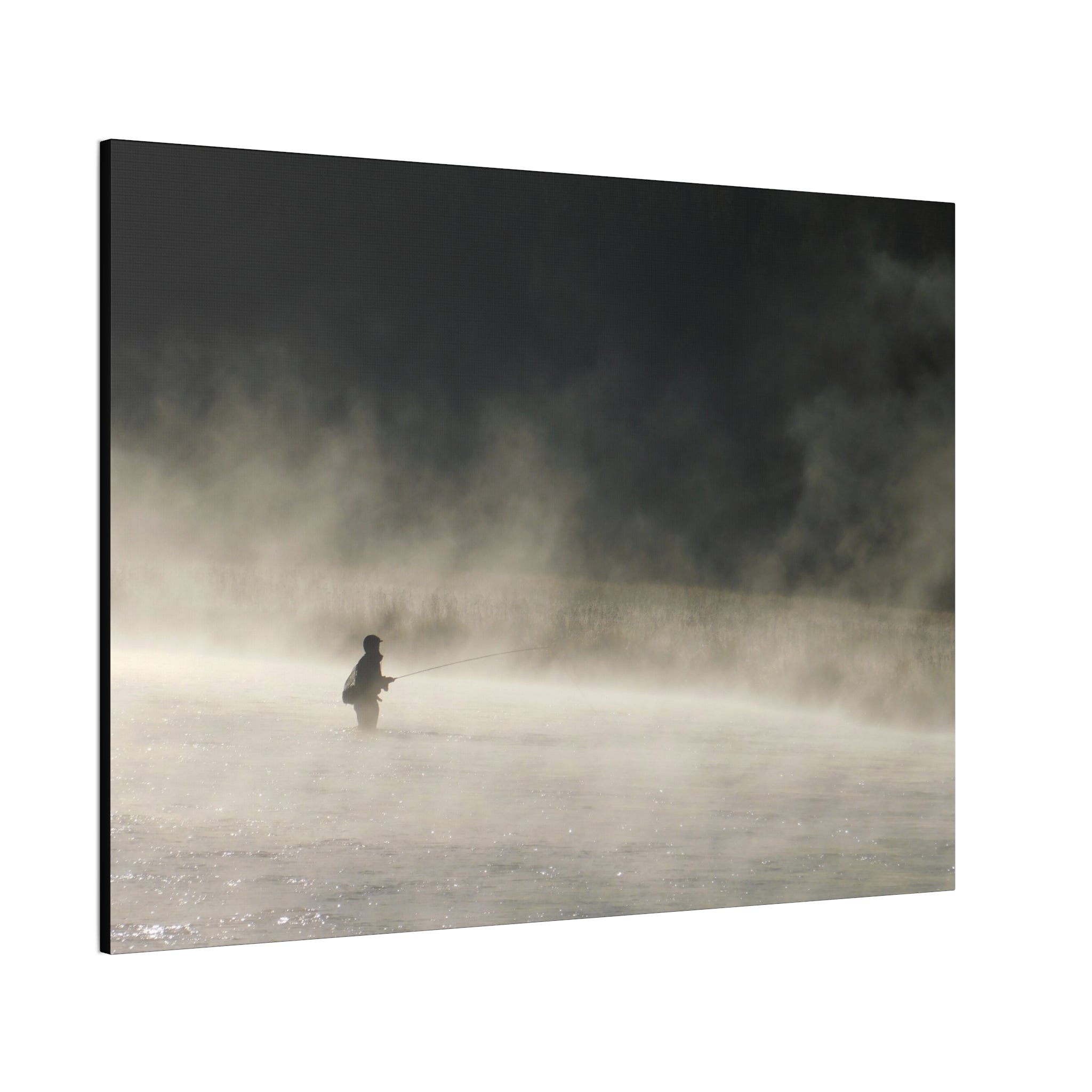Misty Solitude Canvas Print — Lone Fisherman Foggy Lake Wall Art