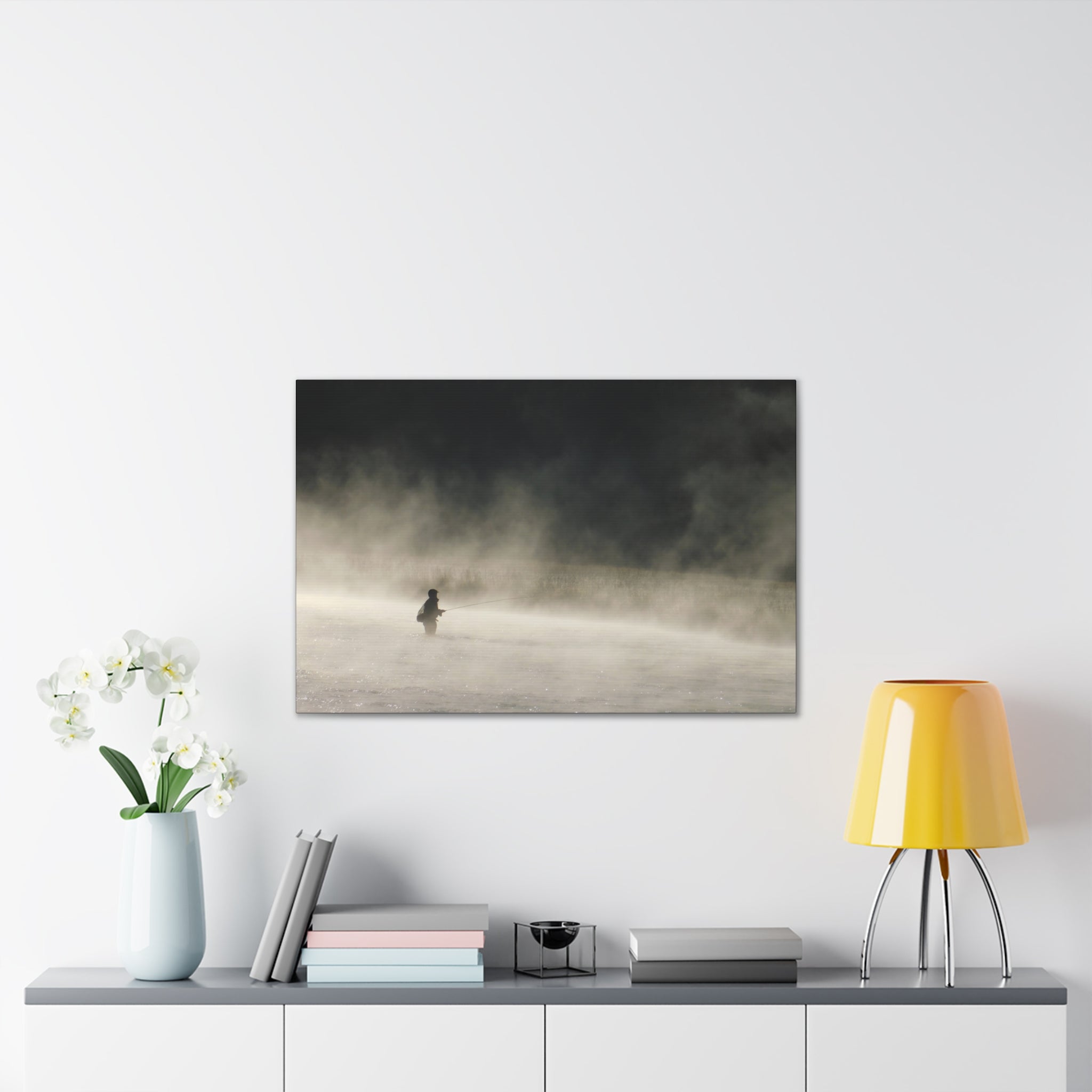 Misty Solitude Canvas Print — Lone Fisherman Foggy Lake Wall Art