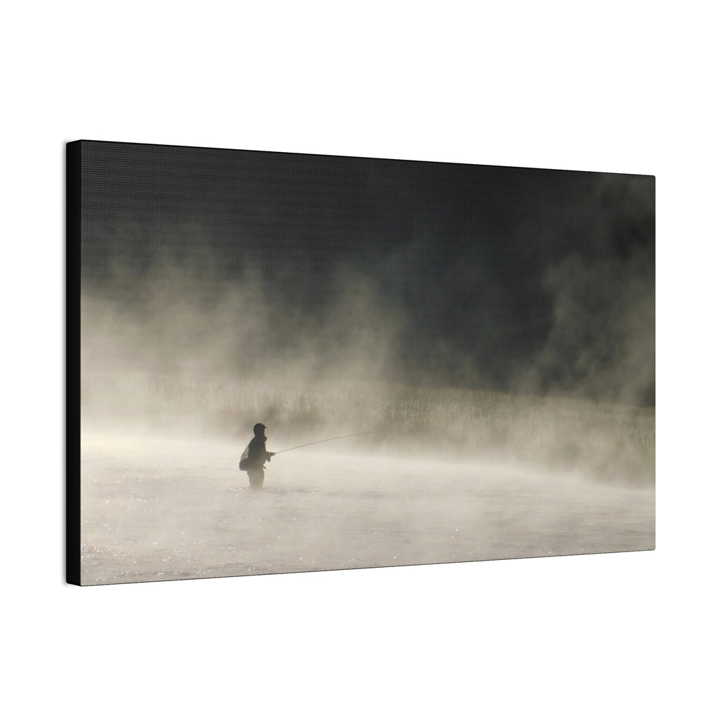 Misty Solitude Canvas Print — Lone Fisherman Foggy Lake Wall Art