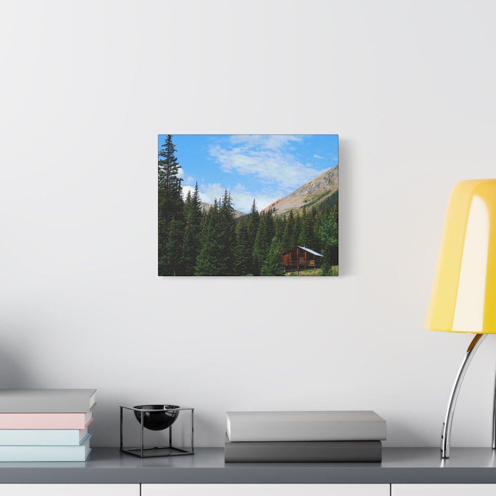 Mountain Cabin Canvas Wall Art — Rustic Forest Lodge Landscape Print