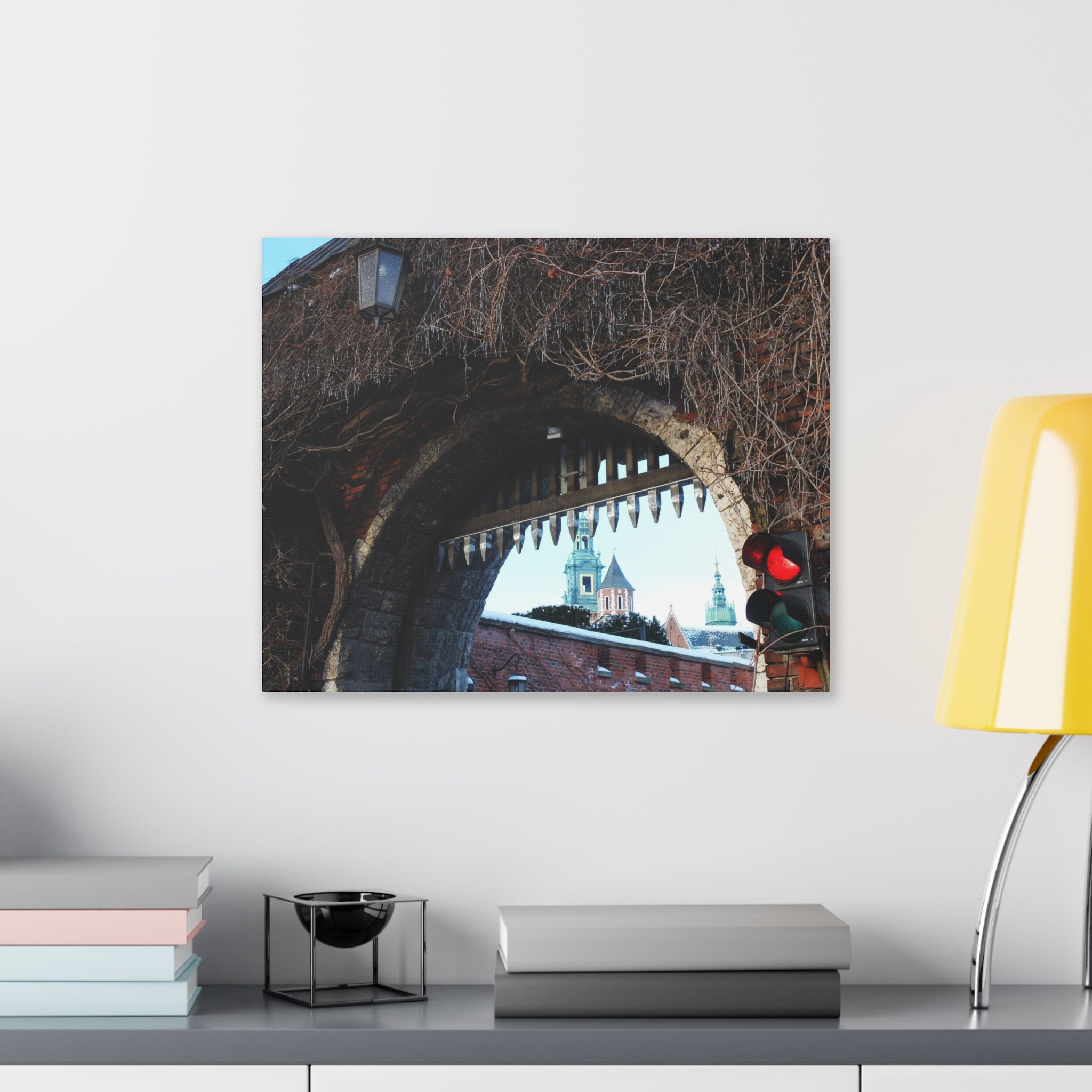 Historic City Arch Canvas Print — European Winter Street Scene Wall Art