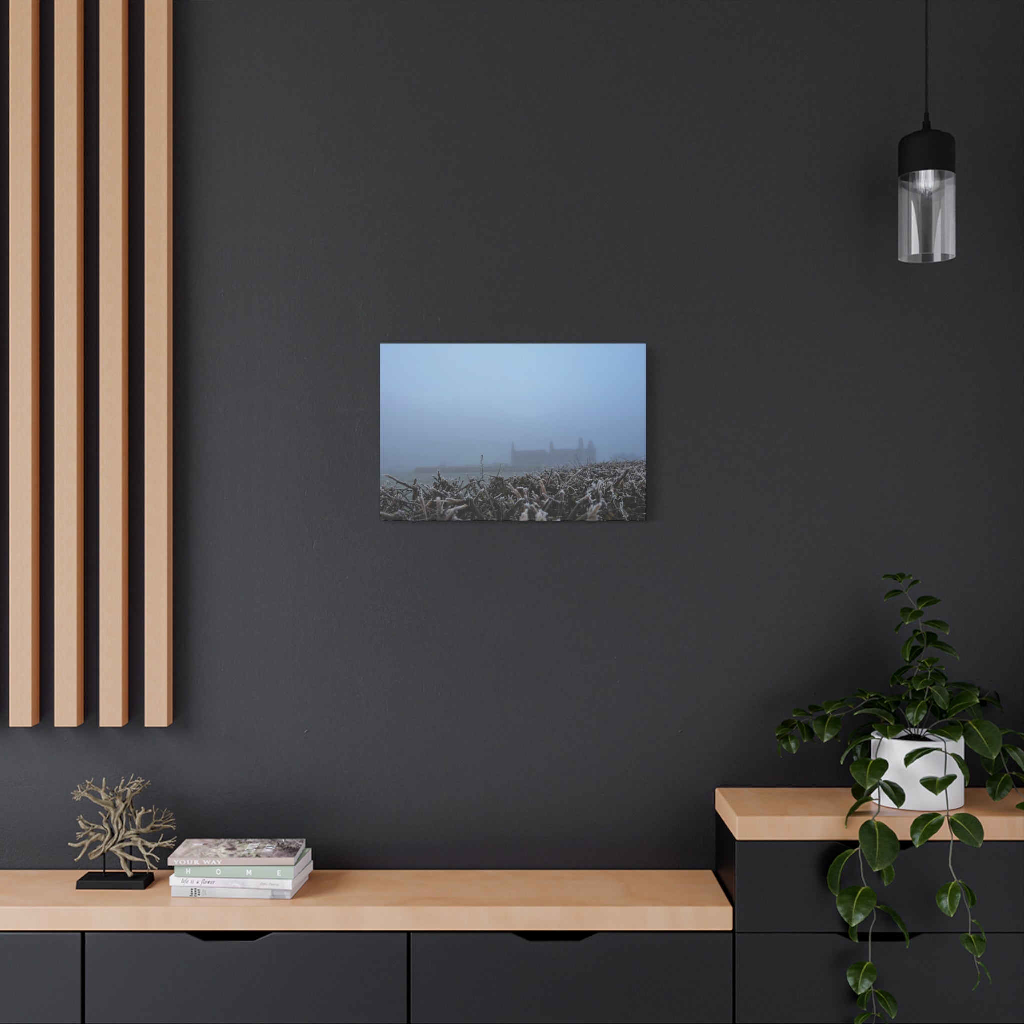 Frosty Morning Ruins Canvas Print — Misty Landscape Matte Stretched Wall Art