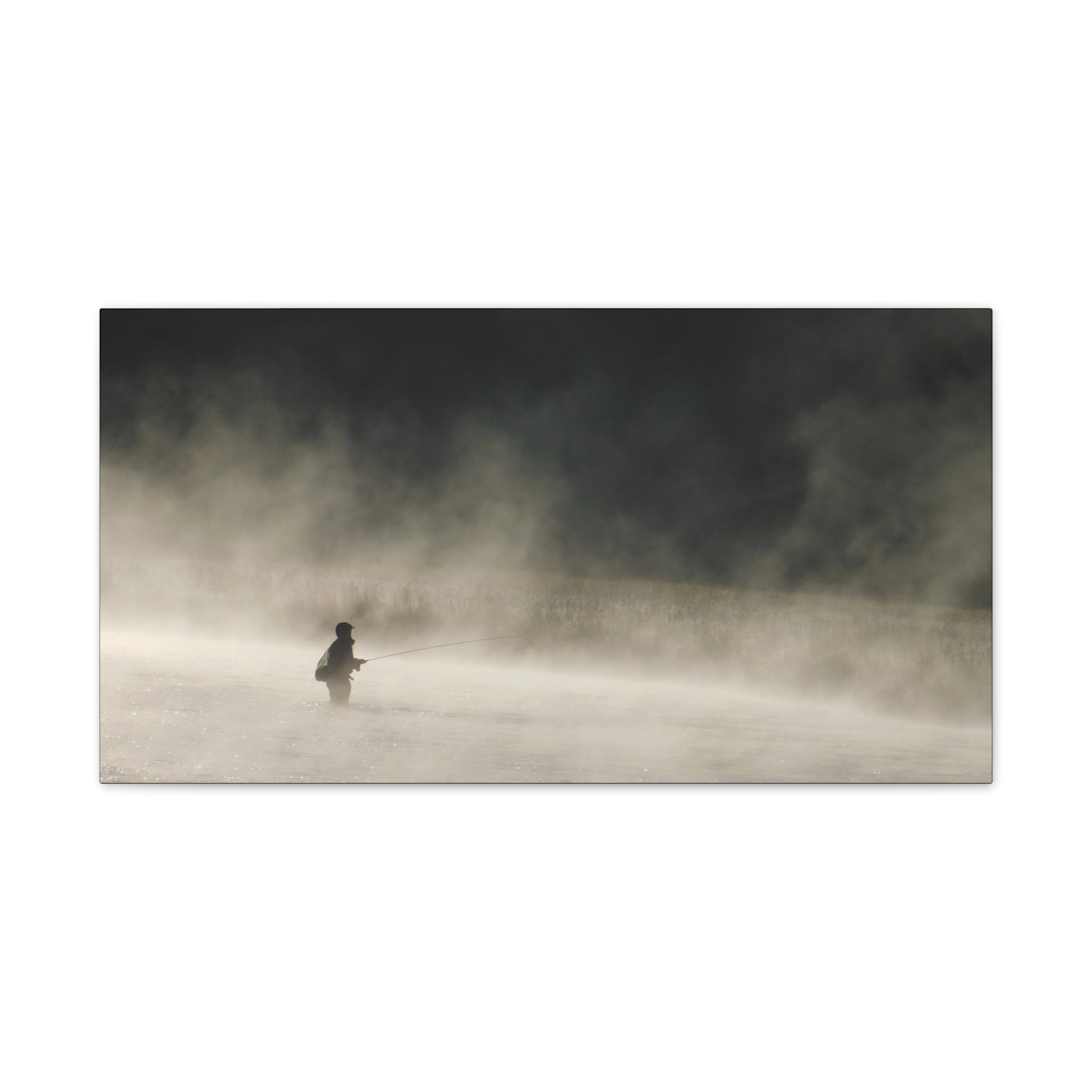 Misty Solitude Canvas Print — Lone Fisherman Foggy Lake Wall Art
