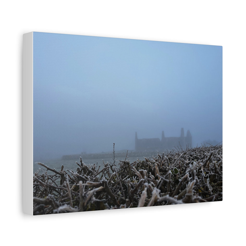 Frosty Morning Ruins Canvas Print — Misty Landscape Matte Stretched Wall Art