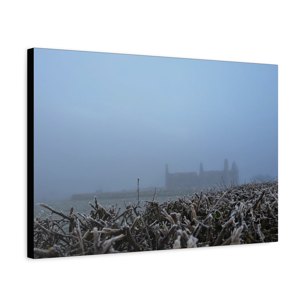 Frosty Morning Ruins Canvas Print — Misty Landscape Matte Stretched Wall Art
