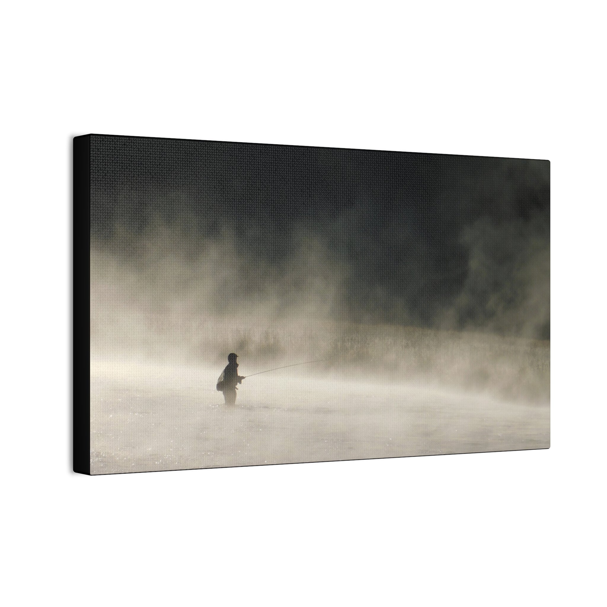 Misty Solitude Canvas Print — Lone Fisherman Foggy Lake Wall Art