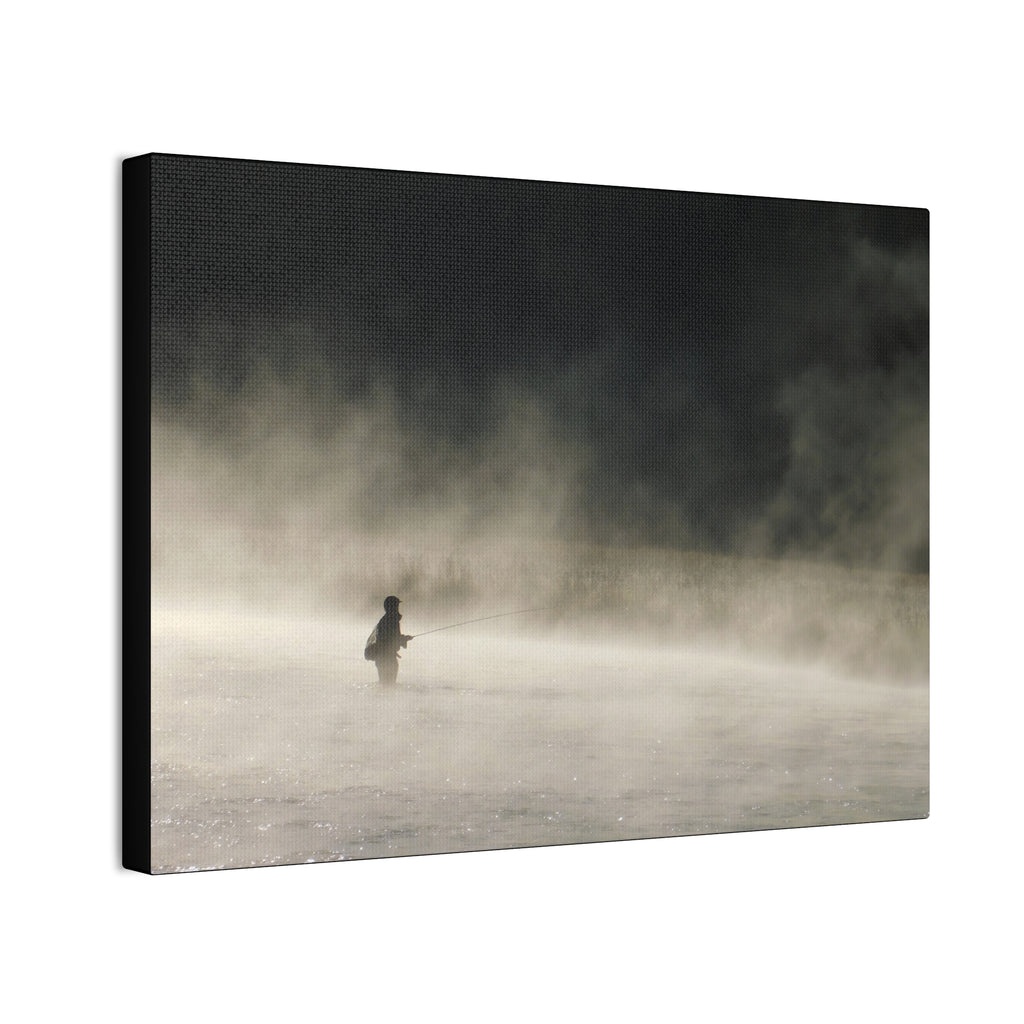 Misty Solitude Canvas Print — Lone Fisherman Foggy Lake Wall Art