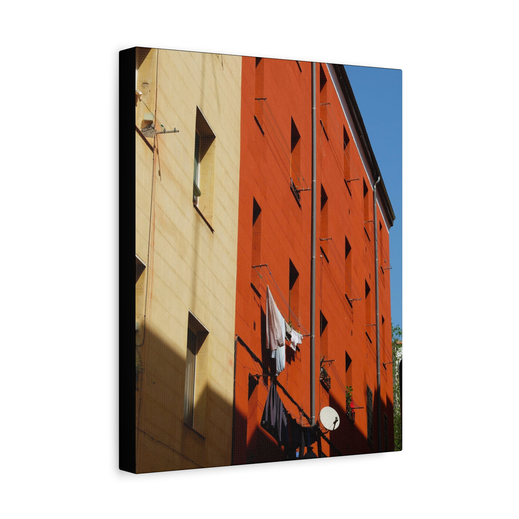 Spanish Facade Canvas Print — Colorful Apartment Building Wall Art on Matte Stretched Canvas
