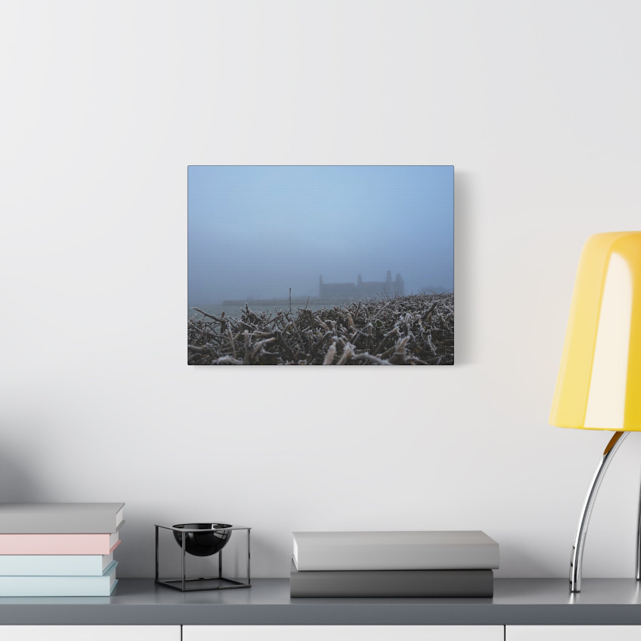 Frosty Morning Ruins Canvas Print — Misty Landscape Matte Stretched Wall Art