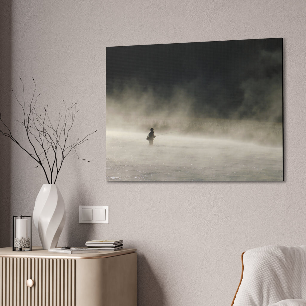 Misty Solitude Canvas Print — Lone Fisherman Foggy Lake Wall Art