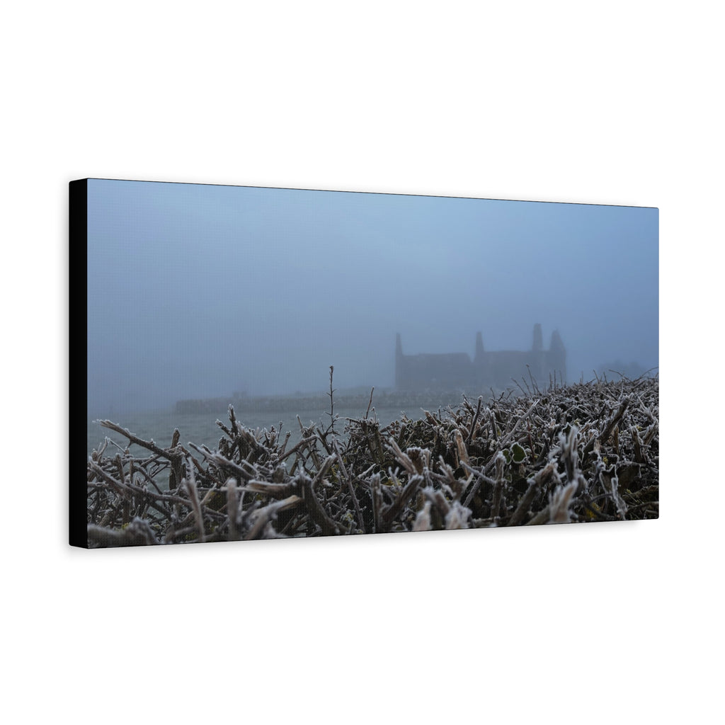 Frosty Morning Ruins Canvas Print — Misty Landscape Matte Stretched Wall Art