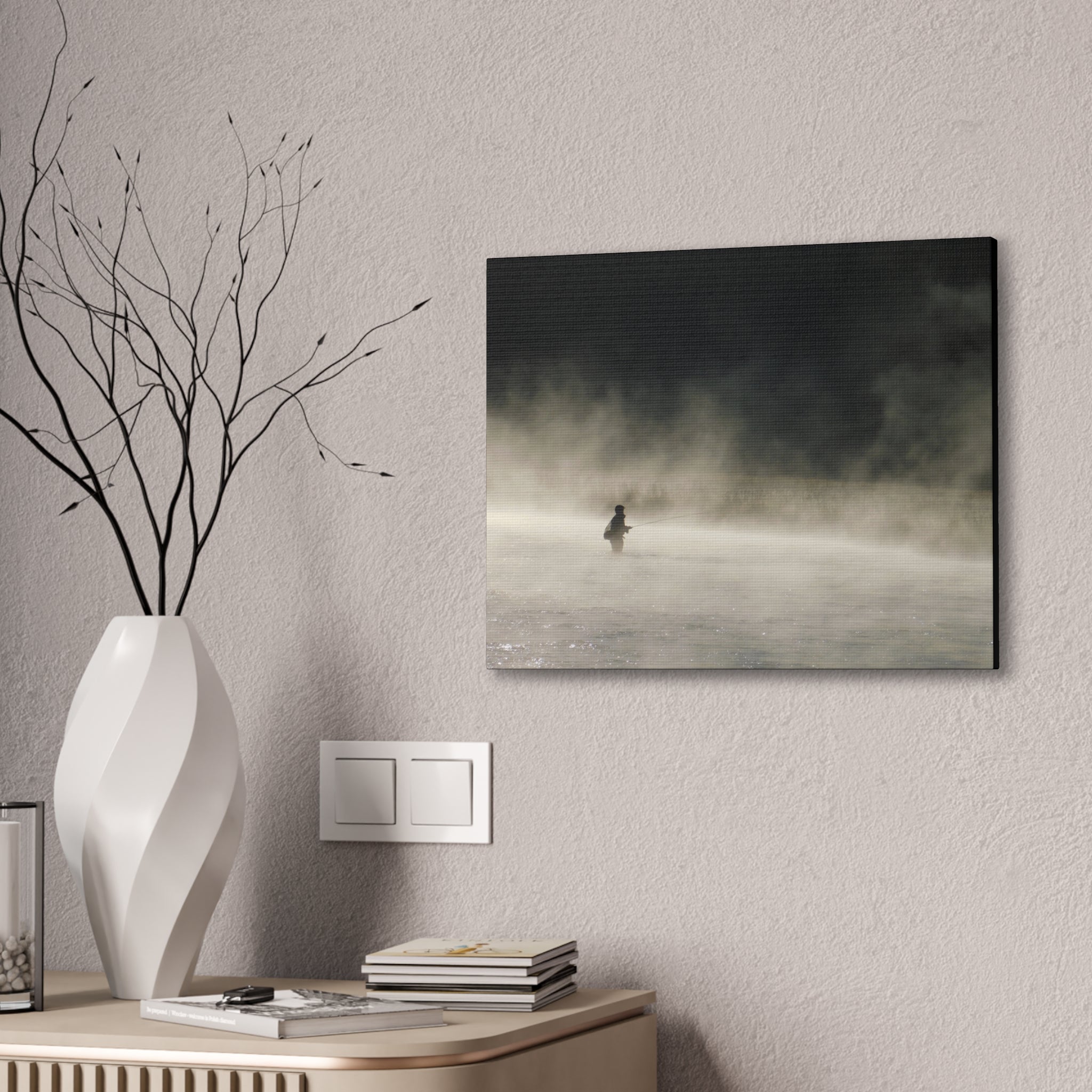 Misty Solitude Canvas Print — Lone Fisherman Foggy Lake Wall Art
