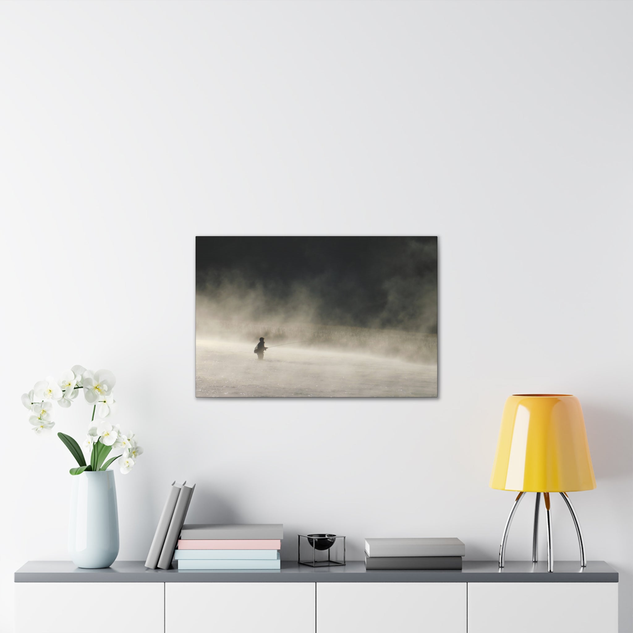 Misty Solitude Canvas Print — Lone Fisherman Foggy Lake Wall Art