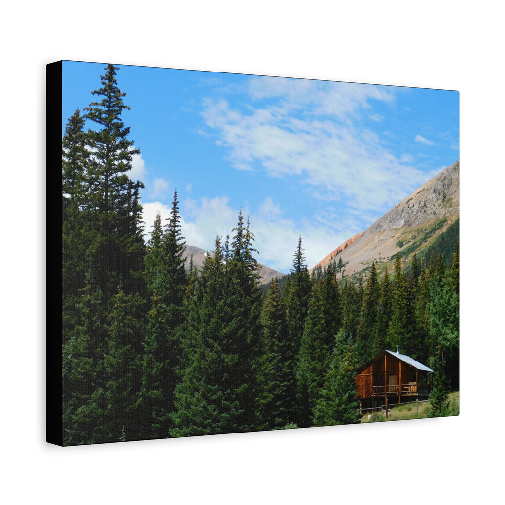 Mountain Cabin Canvas Wall Art — Rustic Forest Lodge Landscape Print