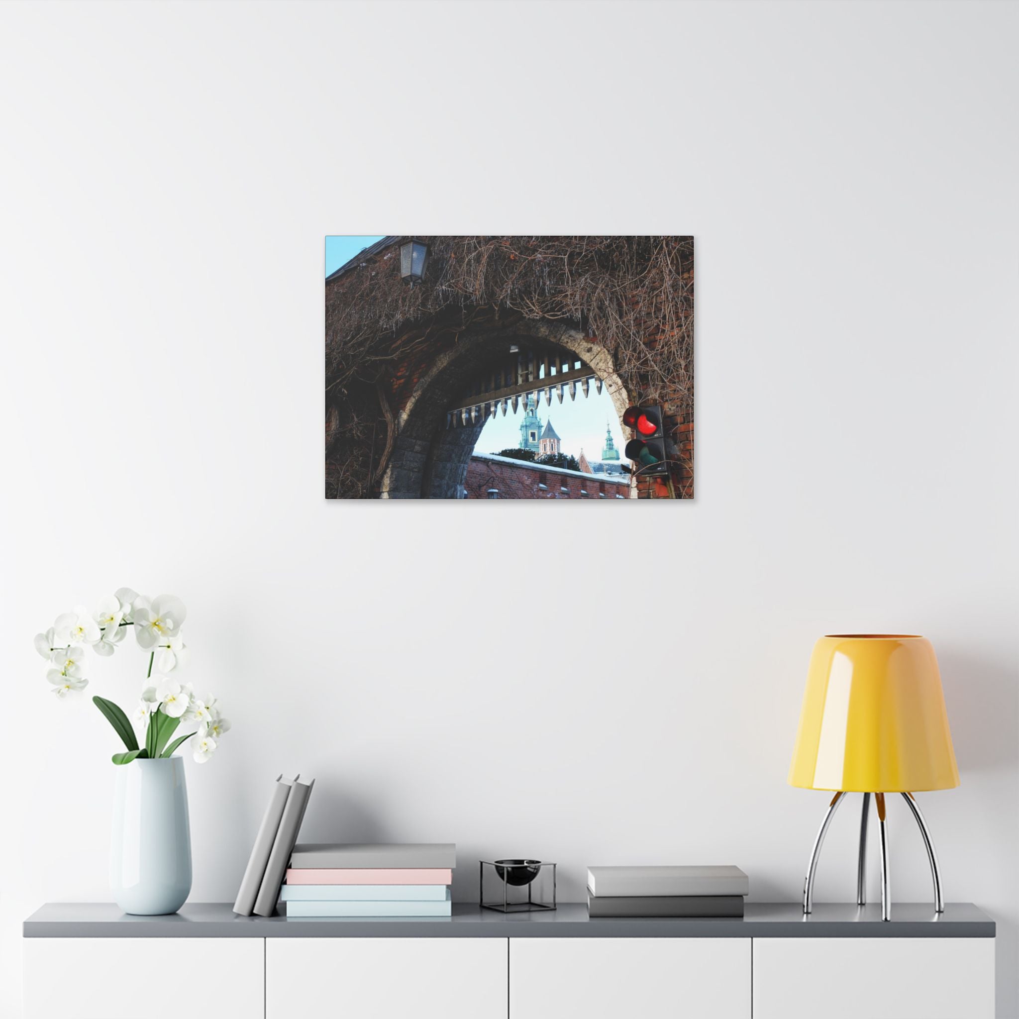 Historic City Arch Canvas Print — European Winter Street Scene Wall Art